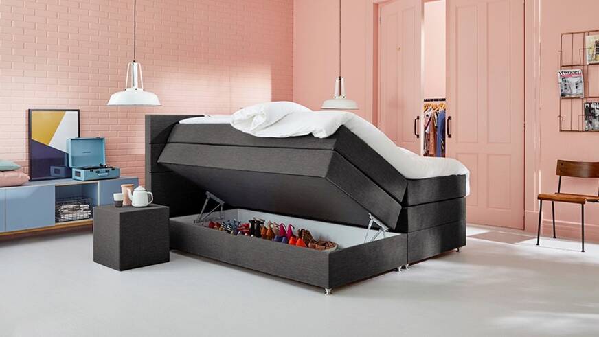 De Opbergboxspring Florence opengeklapt